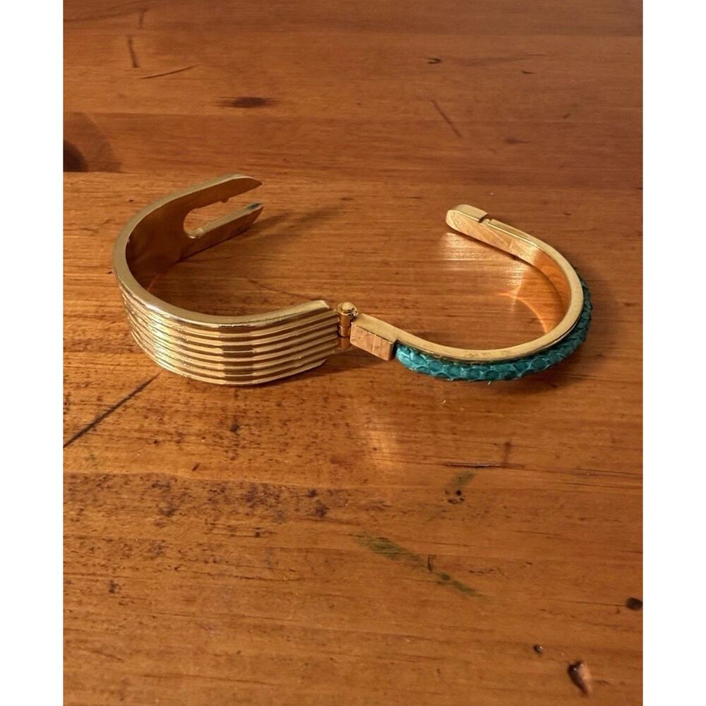 Gold Tone Hinged Cuff Bracelet with Turquoise Inlay Bohemian Statement Preowned - Picture 10 of 16
